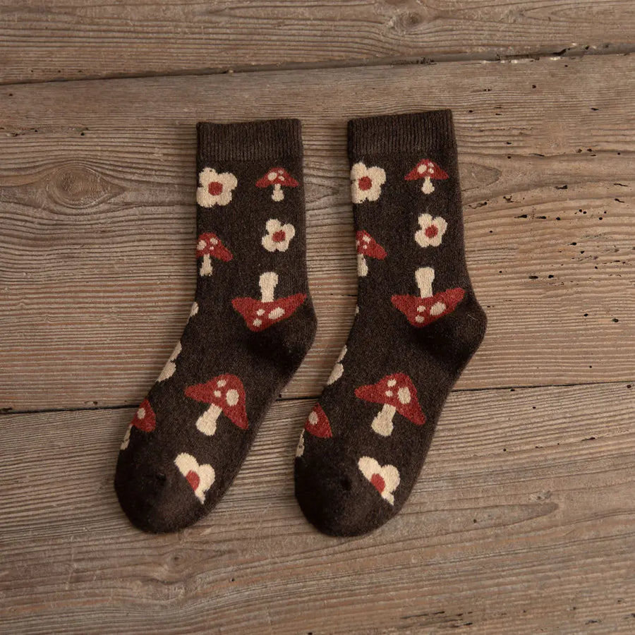 Thickened Brown Women's Wool Socks with Mushroom Design