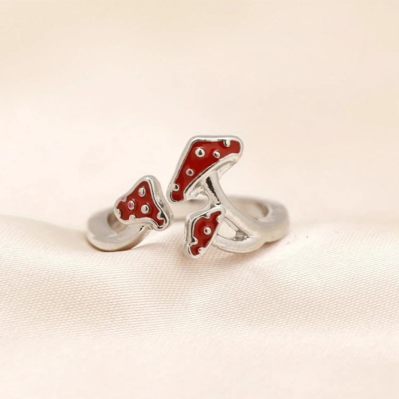 Luxury Red Mushroom Open Ring – Stainless Steel Adjustable Fantasy Ring for Women