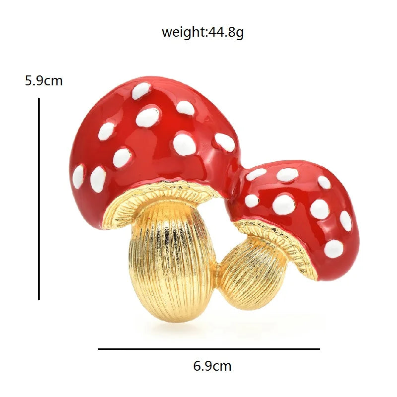 Red Enamel Mushroom Brooch Pin – Gold-Tone Zinc Alloy Statement Pin (5.9 × 6.9 cm)