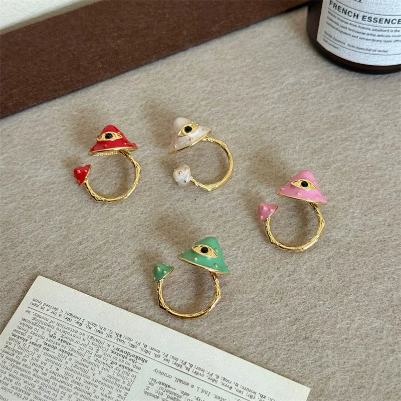 Adjustable 18K Gold Plated Enamel Mushroom Open Rings – Cute Adjustable Copper Statement Ring (Multiple Colors)