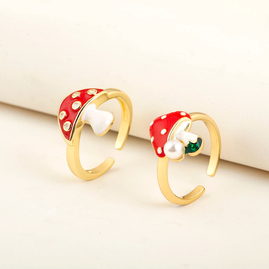 Real 18K Gold-Plated Enamel Mushroom Open Ring with CZ & Pearl – Adjustable Cute Statement Ring
