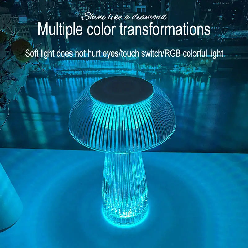LED mushroom lamp emitting blue light with text about color transformations and features.