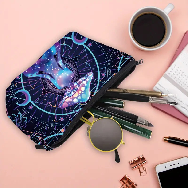 Pencil case with butterfly design on a pink surface with stationery items