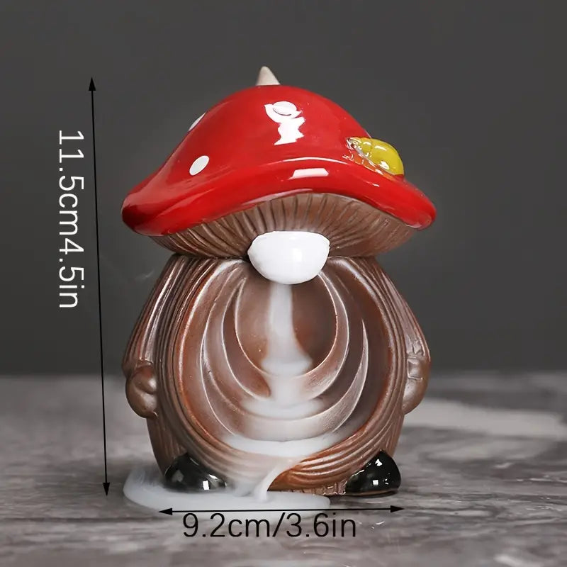 Mushroom-shaped decorative item with red cap and brown body, featuring measurements on a gray background.