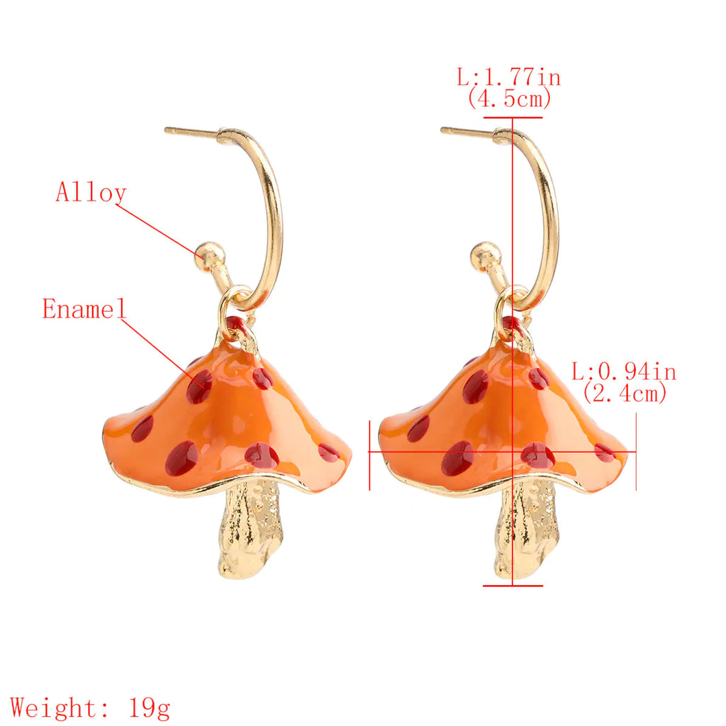 Orange flower-shaped earrings with gold accents and measurements on a white background