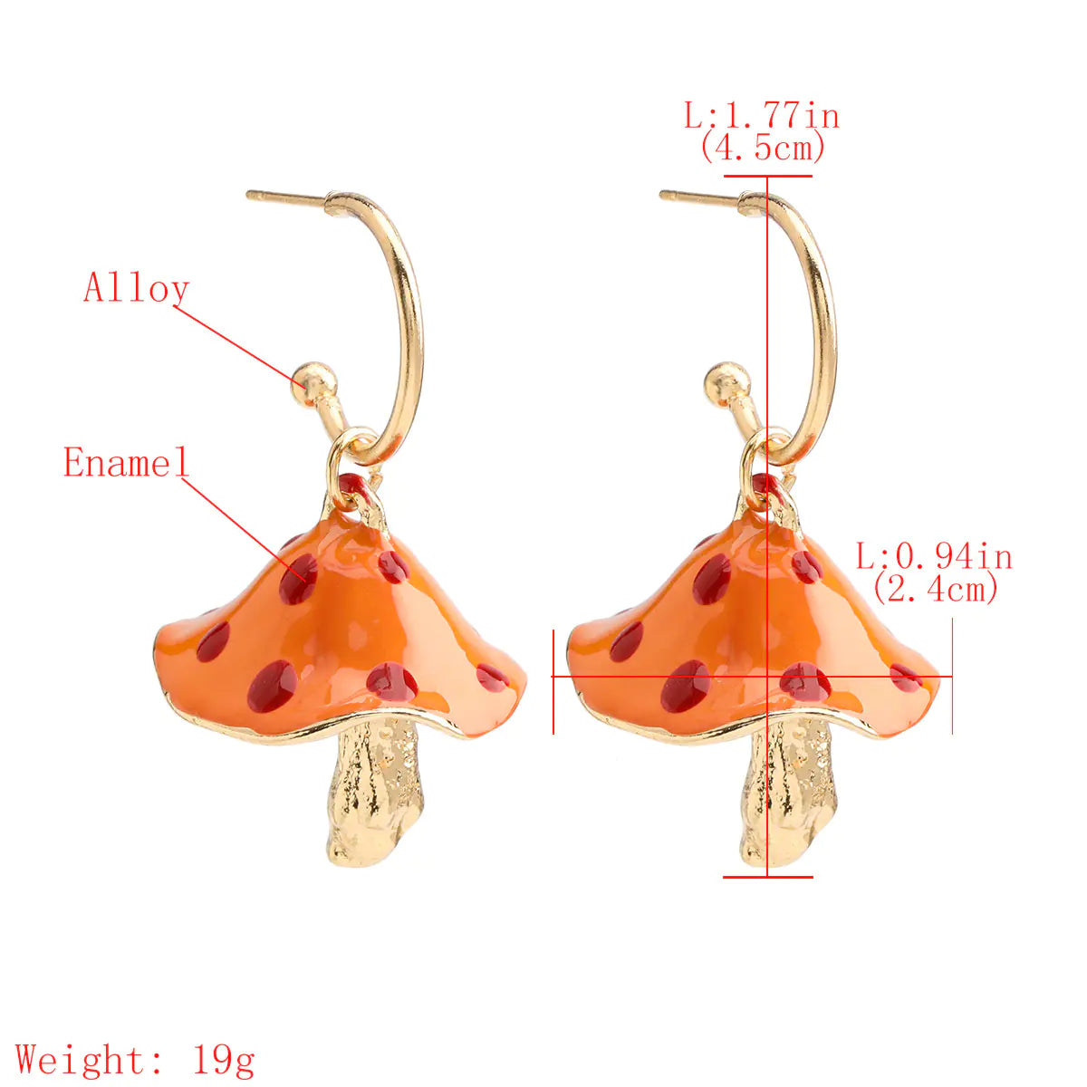 Orange flower-shaped earrings with gold accents and measurements on a white background