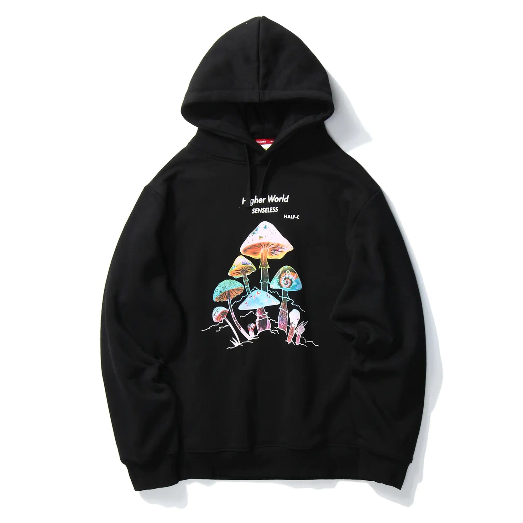 Black hoodie with colorful mushroom graphic on a white background