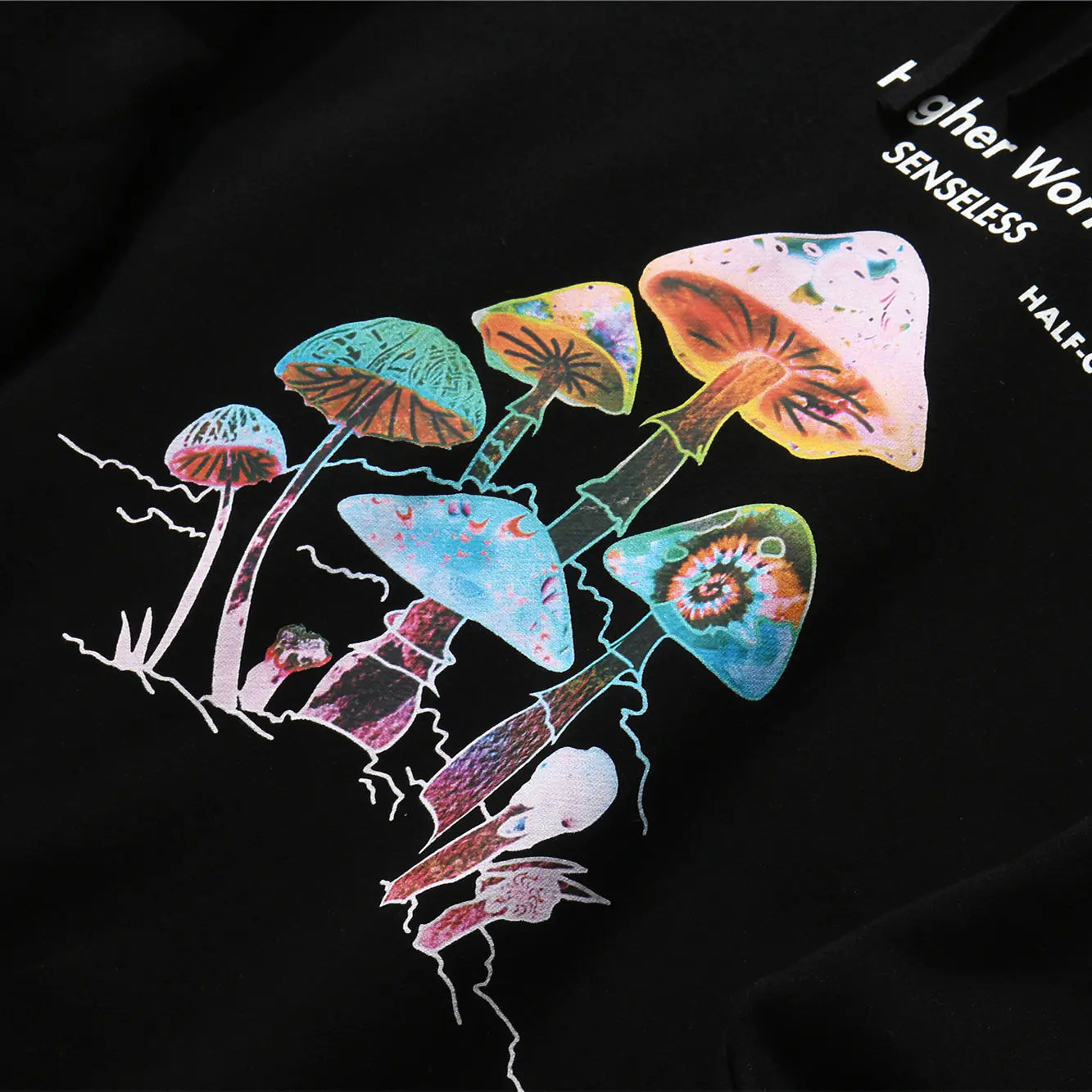 Colorful mushroom design on a black background with text overlay.