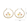 Gold hoop earrings with mushroom designs and measurements on a white background