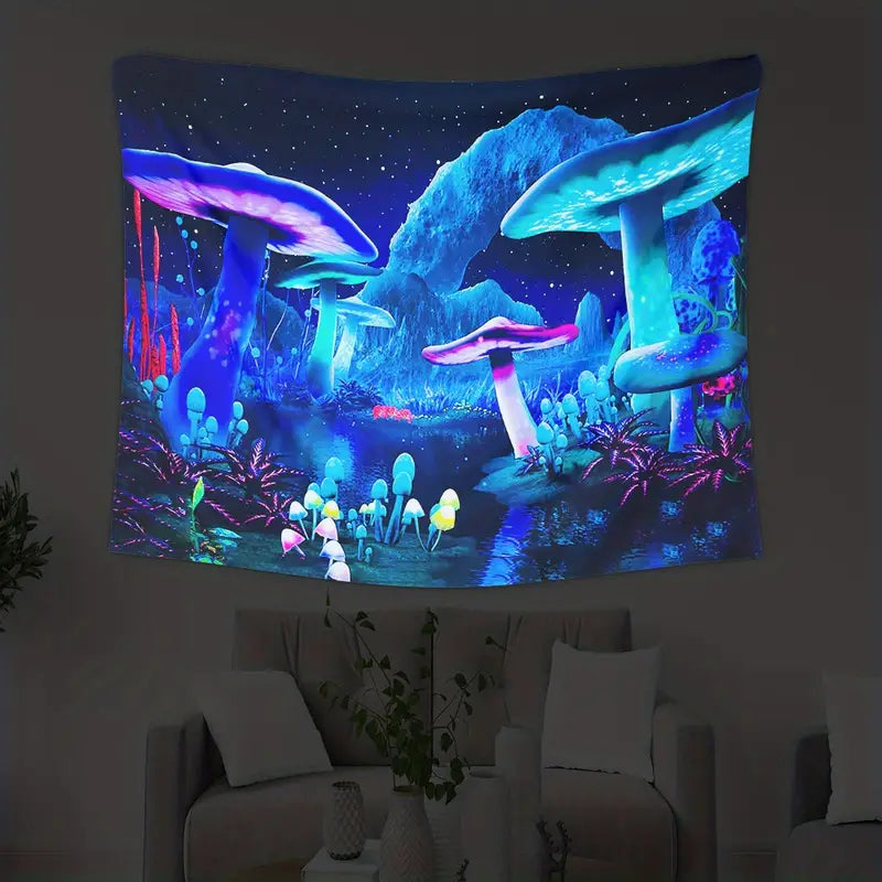 Festive Christmas lights on a tree with a snowy landscape background