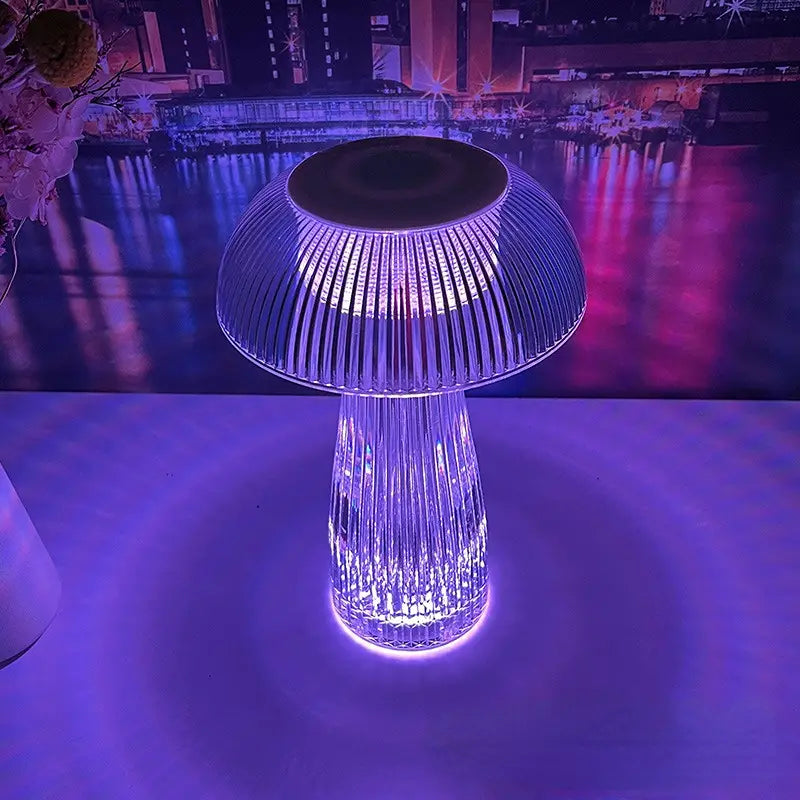 Futuristic table lamp with a unique design on a reflective surface.