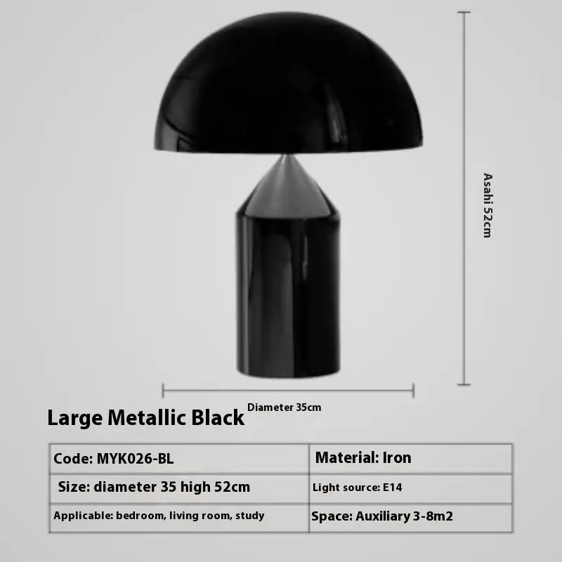 Black metallic table lamp with dimensions and specifications on a white background