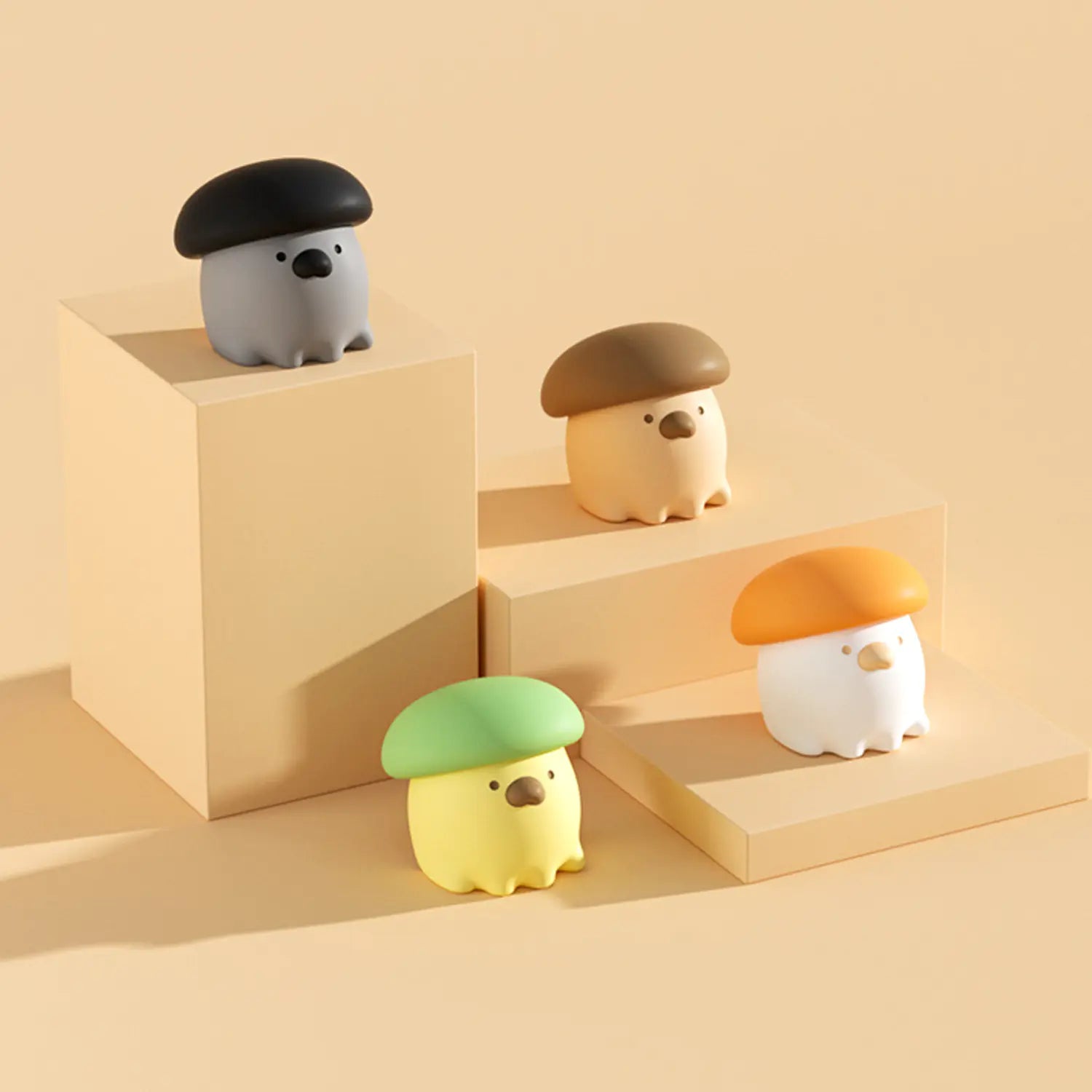 Four small animal figurines with colorful hats on a beige geometric background