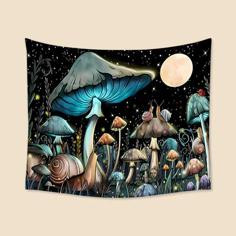 Mushroom tapestry with a moon and stars on a beige wall.
