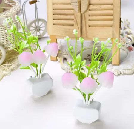 Magic Mushroom LED Wall Lamp – Light-Sensing Plug-In Night Light (Pink/Yellow/Purple Glow)