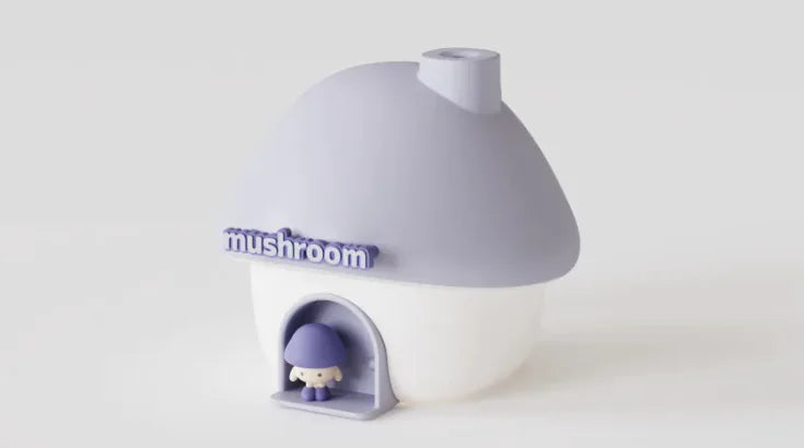 Mushroom-shaped object with a small figure inside on a white background