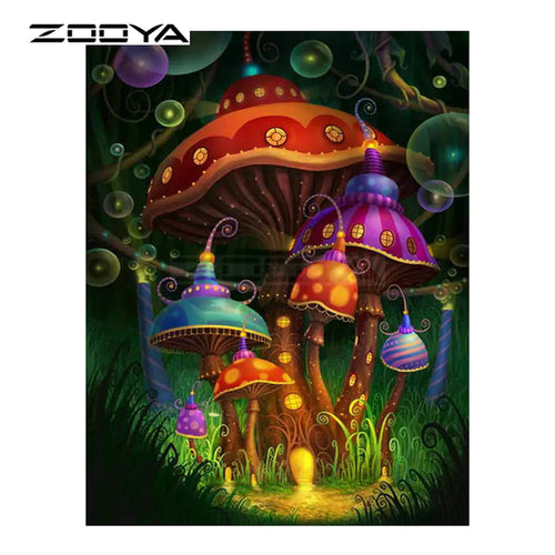 Colorful mushroom fantasy scene with glowing lights, featuring the brand 'Zooya'.