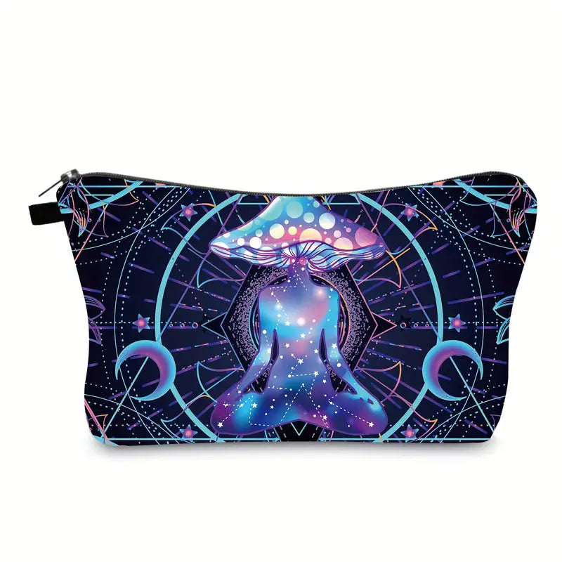 Cosmetic bag with a mystical design featuring a figure and celestial elements on a white background