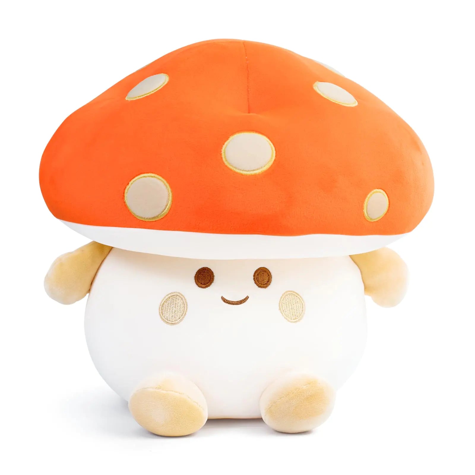 Plush toy shaped like a mushroom with a white stem and orange cap on a white background
