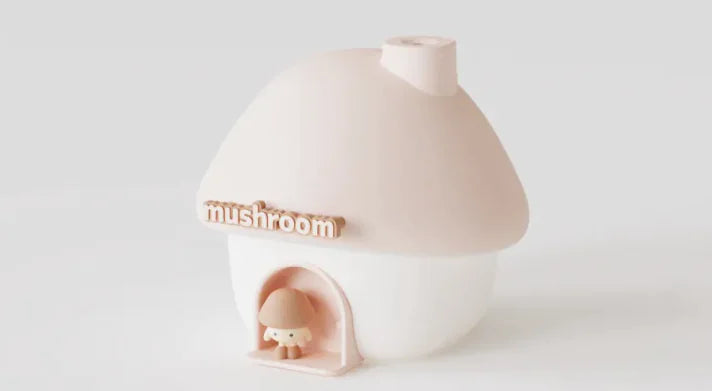 Pink mushroom-shaped object with a small figure inside on a white background