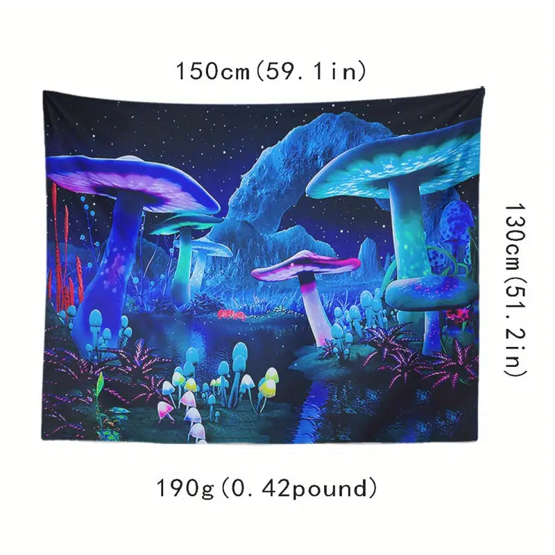 Mushroom tapestry with measurements and weight information on a white background