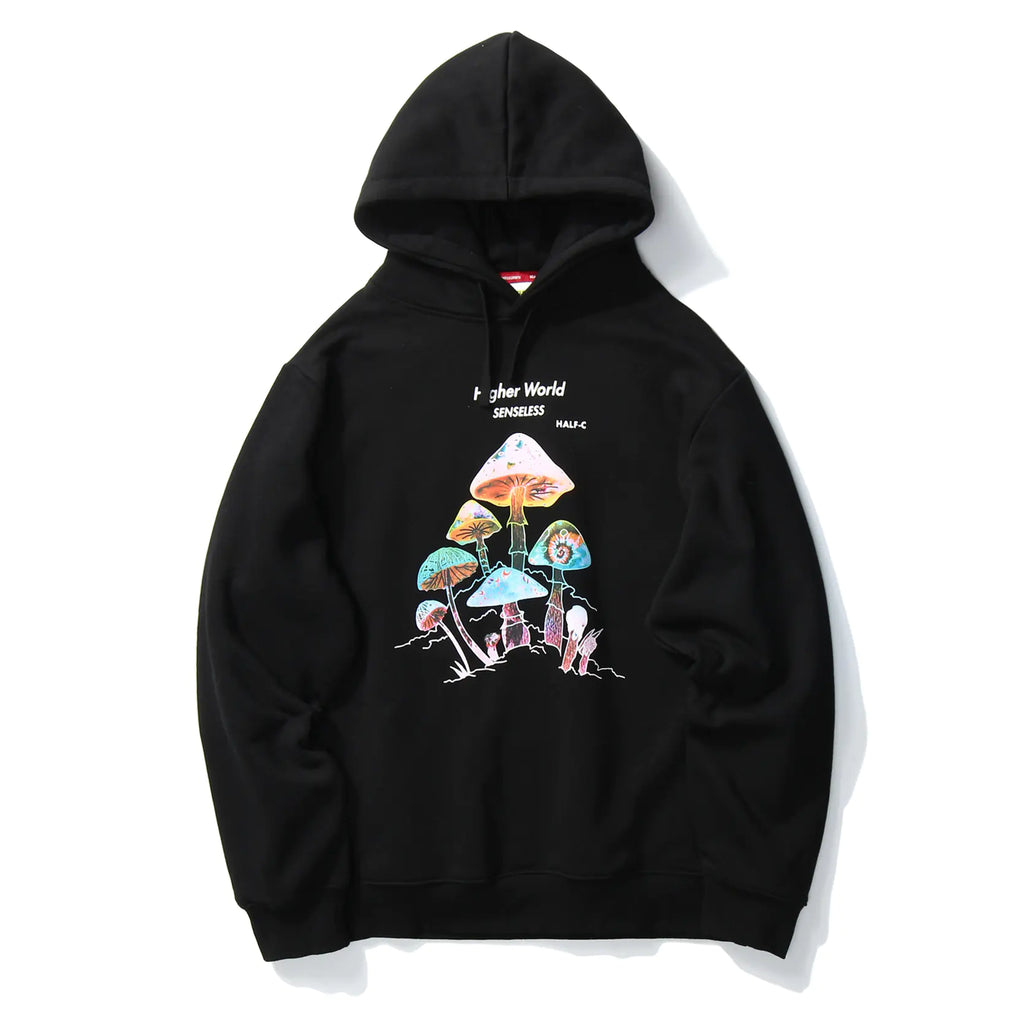 Black hoodie with colorful mushroom graphic on a white background