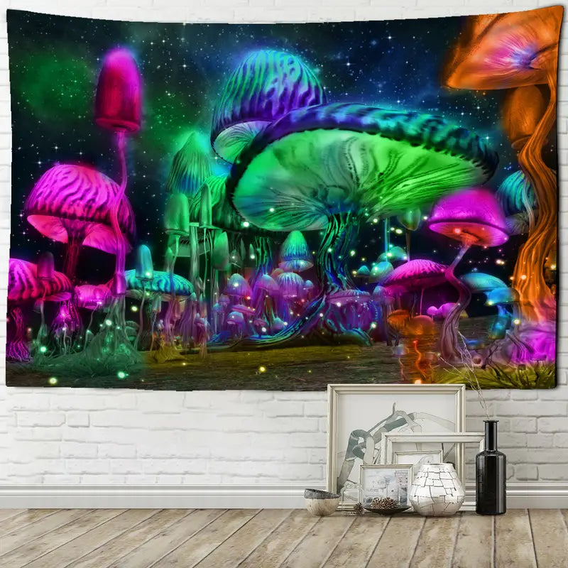 Colorful mushroom tapestry hanging on a wall with decor below.
