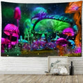 Colorful mushroom tapestry hanging on a wall with decor below.