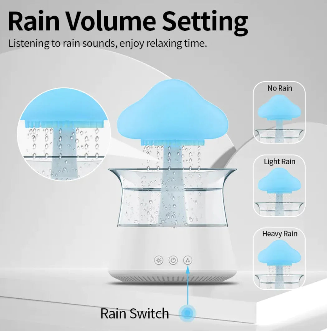 Humidifier with rain volume setting feature on a gray background