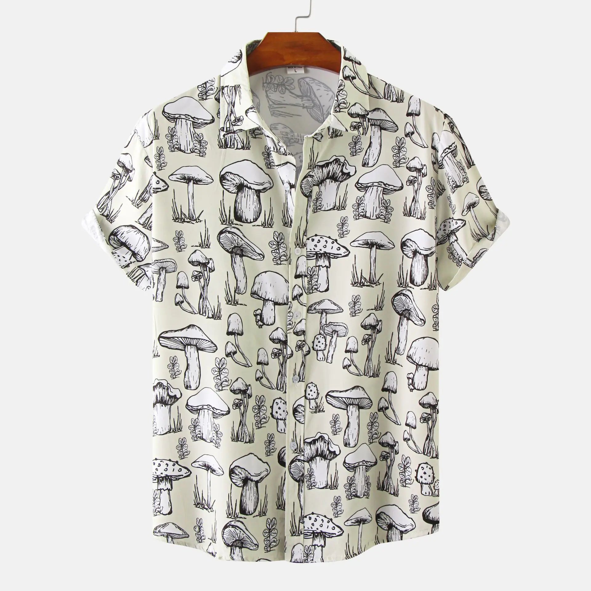 Short-sleeve shirt with mushroom pattern on a white background