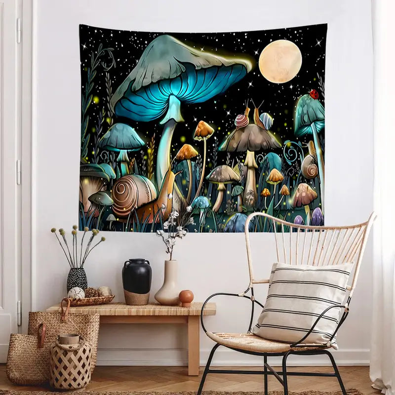 Fairy tale mushroom tapestry hanging on a wall above a wooden table with decorative items.