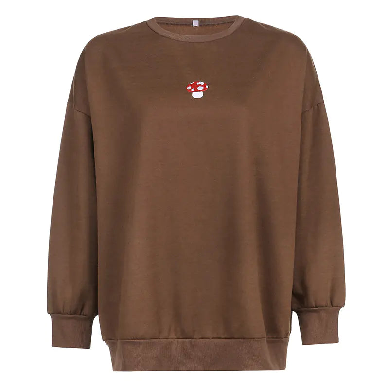 Brown sweatshirt with a small mushroom graphic on a white background
