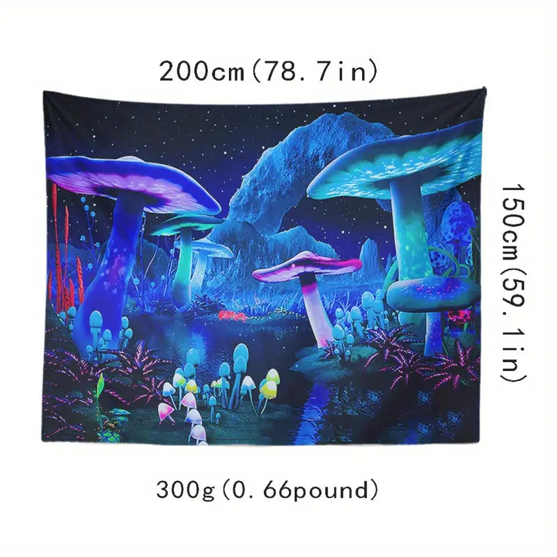 Mushroom tapestry with dimensions and weight information on a white background