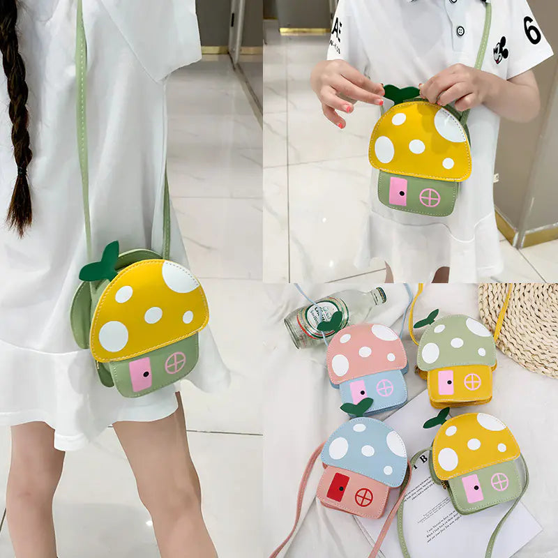 Collage of a child holding a mushroom-shaped crossbody bag with various colors.