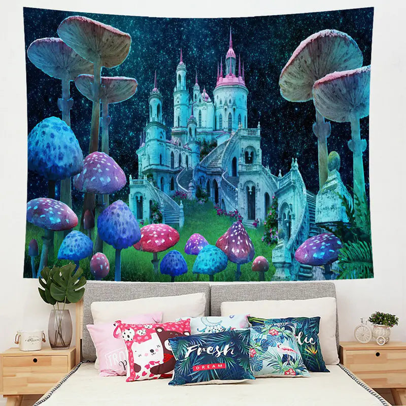 Fairy tale castle tapestry with colorful mushrooms on a wall above a bed with decorative pillows.