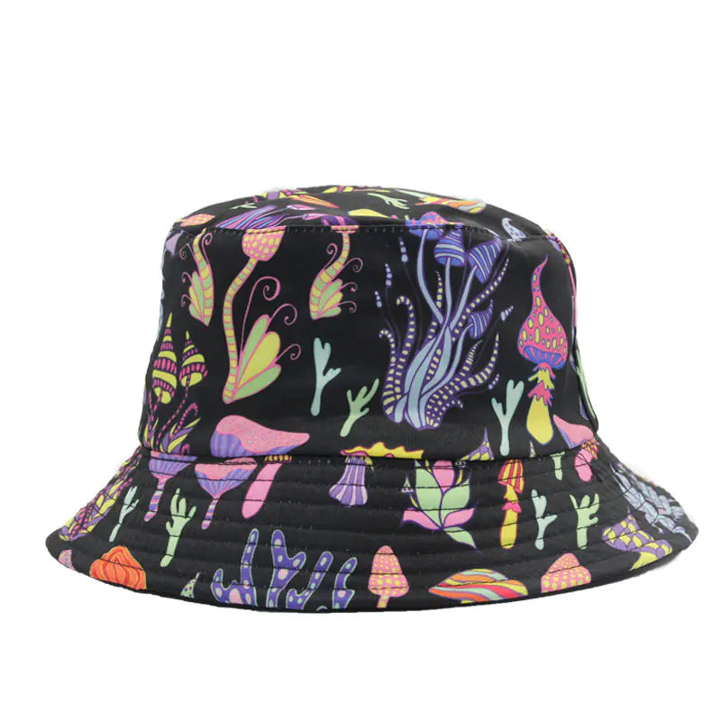 Bucket hat with colorful underwater-themed design on a black background