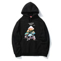 Black hoodie with colorful mushroom graphic on a white background