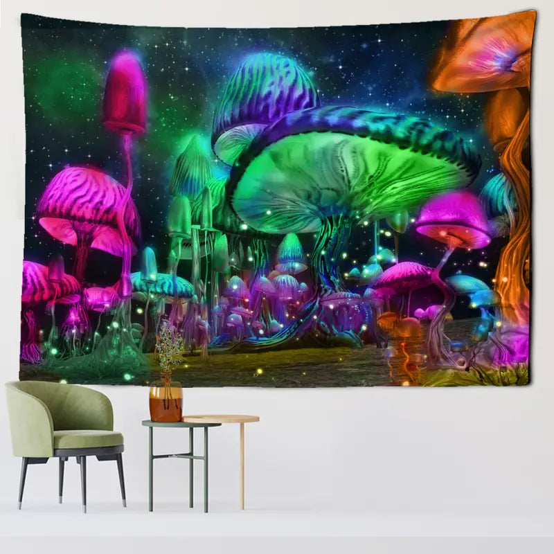 Colorful mushroom tapestry hanging on a wall with a chair and table below.
