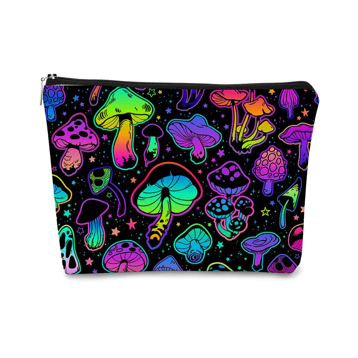 Pouch with colorful mushroom pattern on a black background