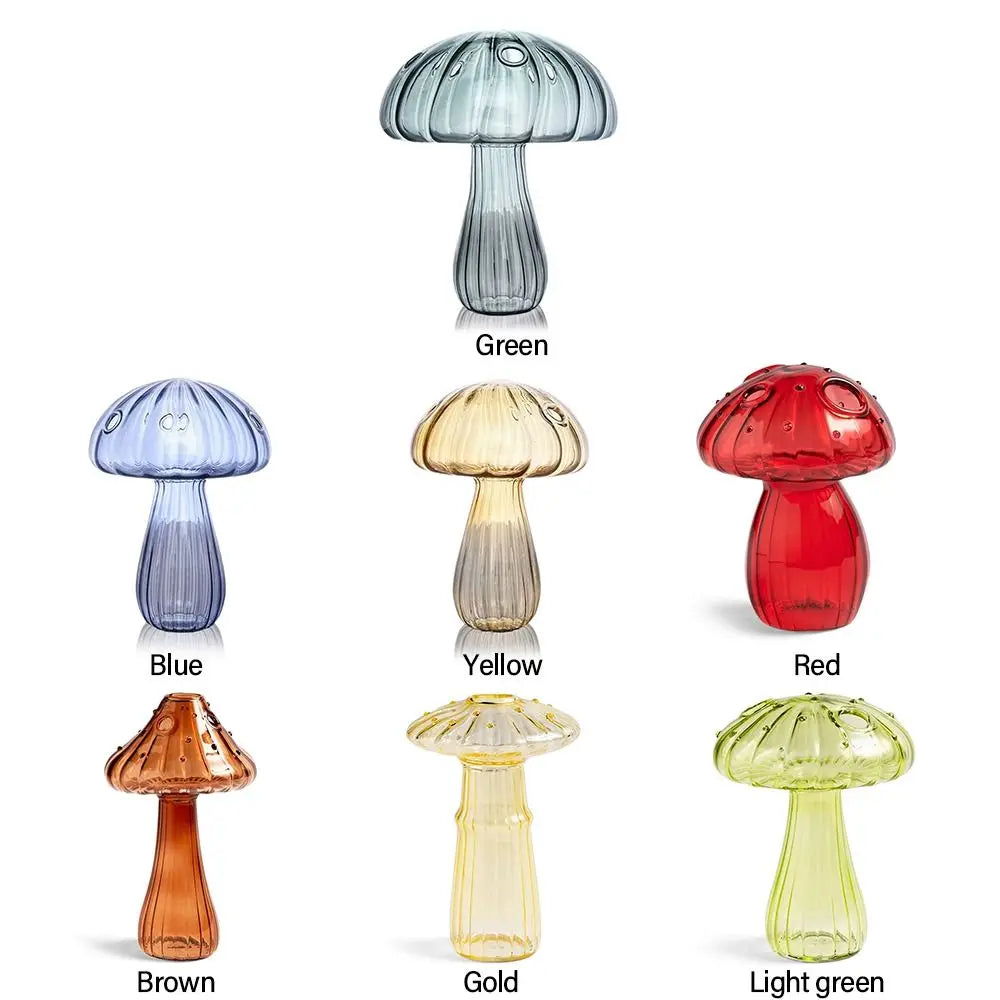 Colorful glass mushroom-shaped objects in various colors on a white background