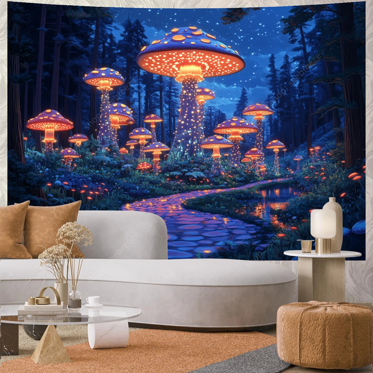 Living room with a tapestry of glowing mushrooms in a forest setting.