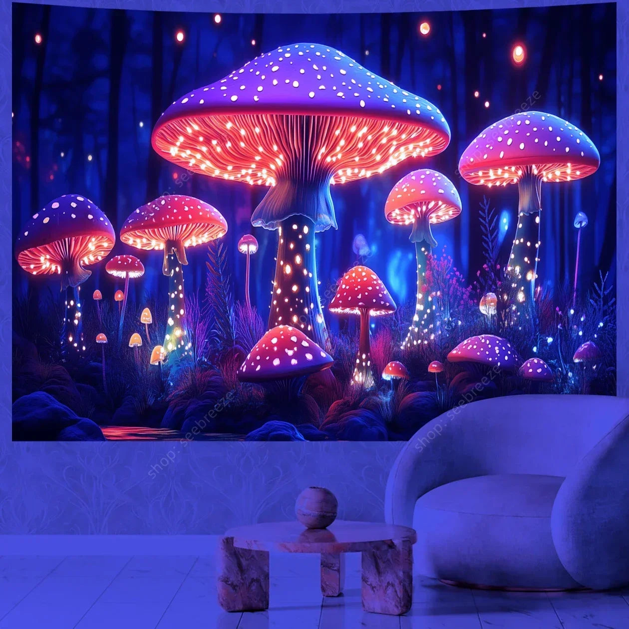 Colorful mushroom tapestry in a room with a chair and small table.