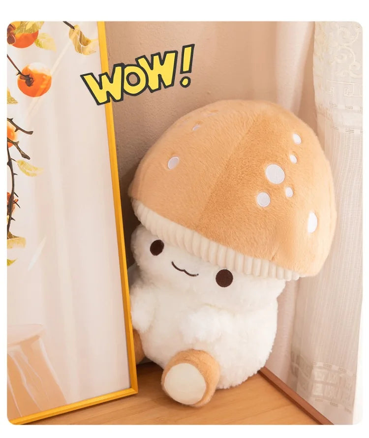 Plush mushroom toy peeking out from a box with 'WOW!' text