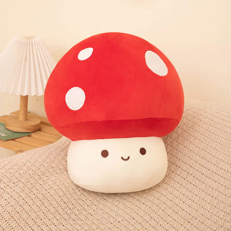 Cute mushroom-shaped pillow with a smiling face on a beige surface