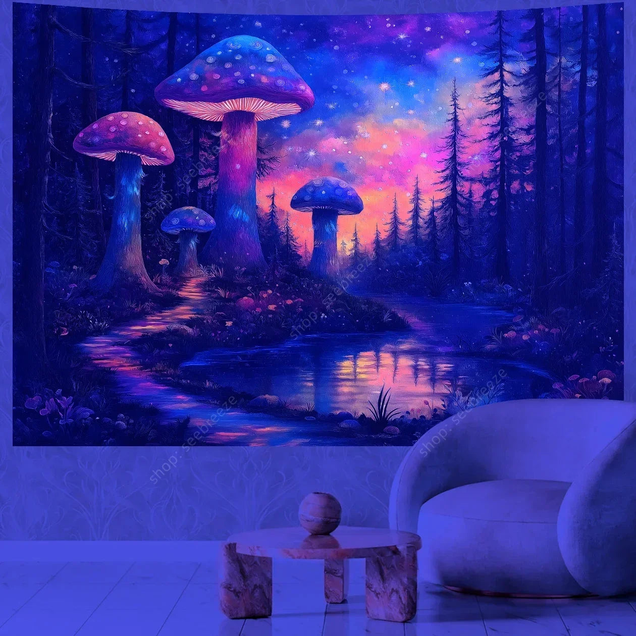 Fairy tale forest tapestry with mushrooms and a lake in a room setting.