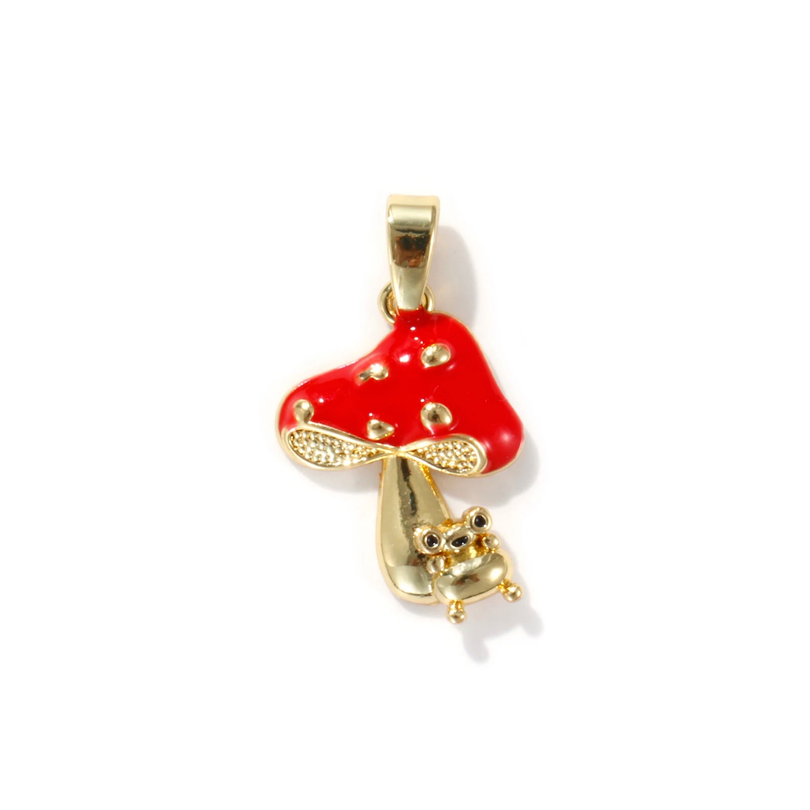 Red mushroom-shaped pendant with gold accents on a white background