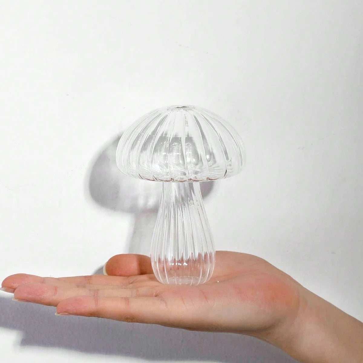 Clear glass mushroom-shaped object held in a hand against a white background