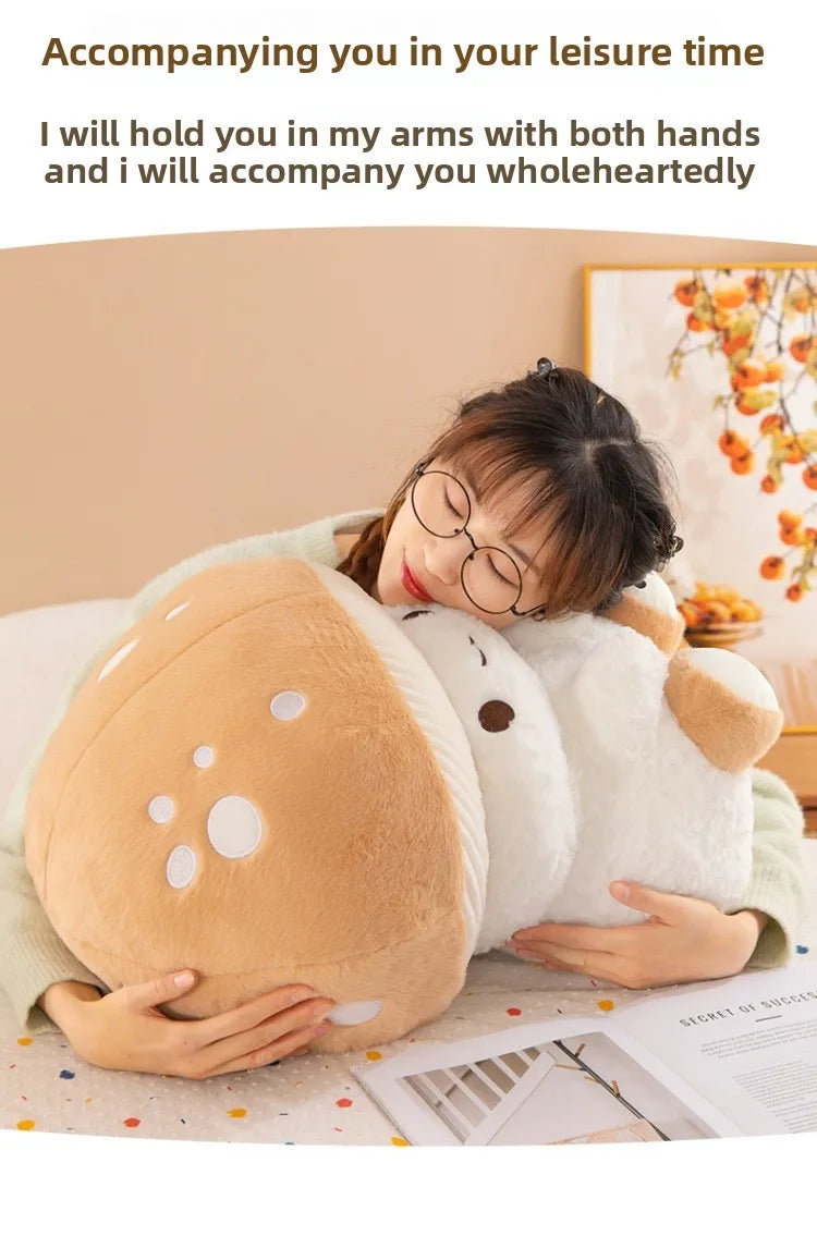 Person hugging a large plush toy with text about companionship.