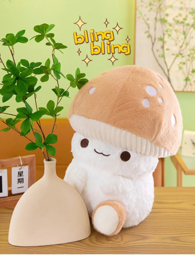 Plush mushroom toy on a wooden table with a plant and decorative items in the background.