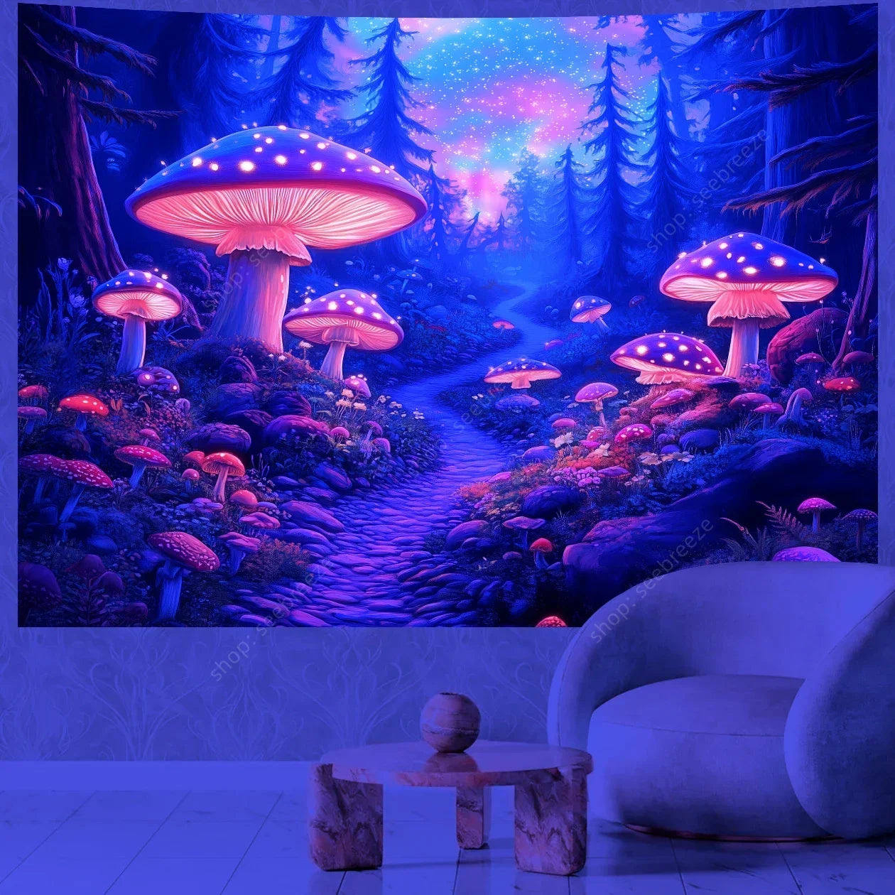 Futuristic mushroom forest scene projected onto a wall with a chair and small table in front.